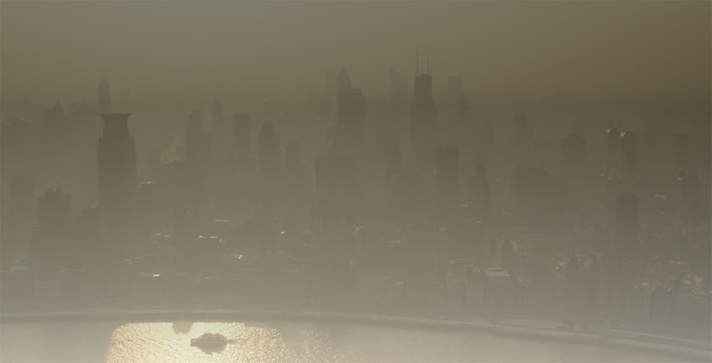 City skyline obscured by air pollution haze